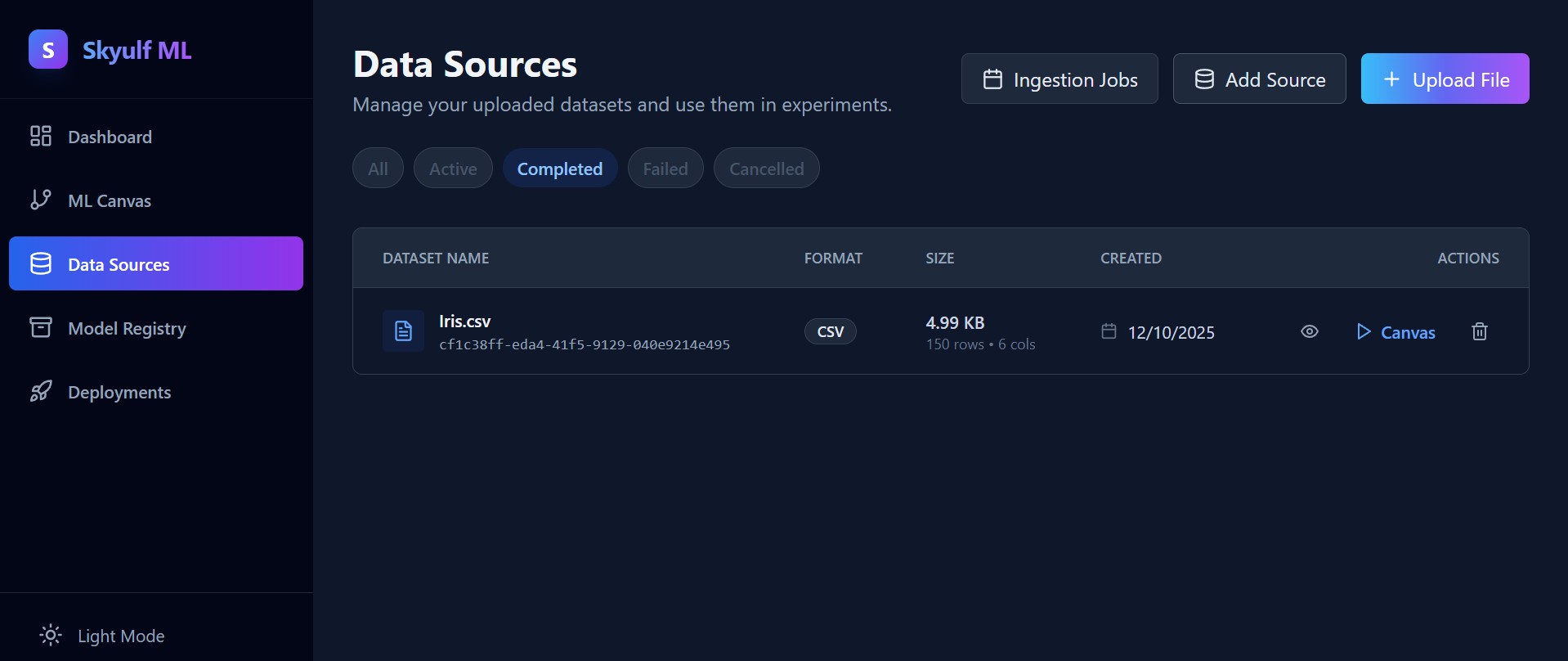 Skyulf data sources screen listing uploaded datasets